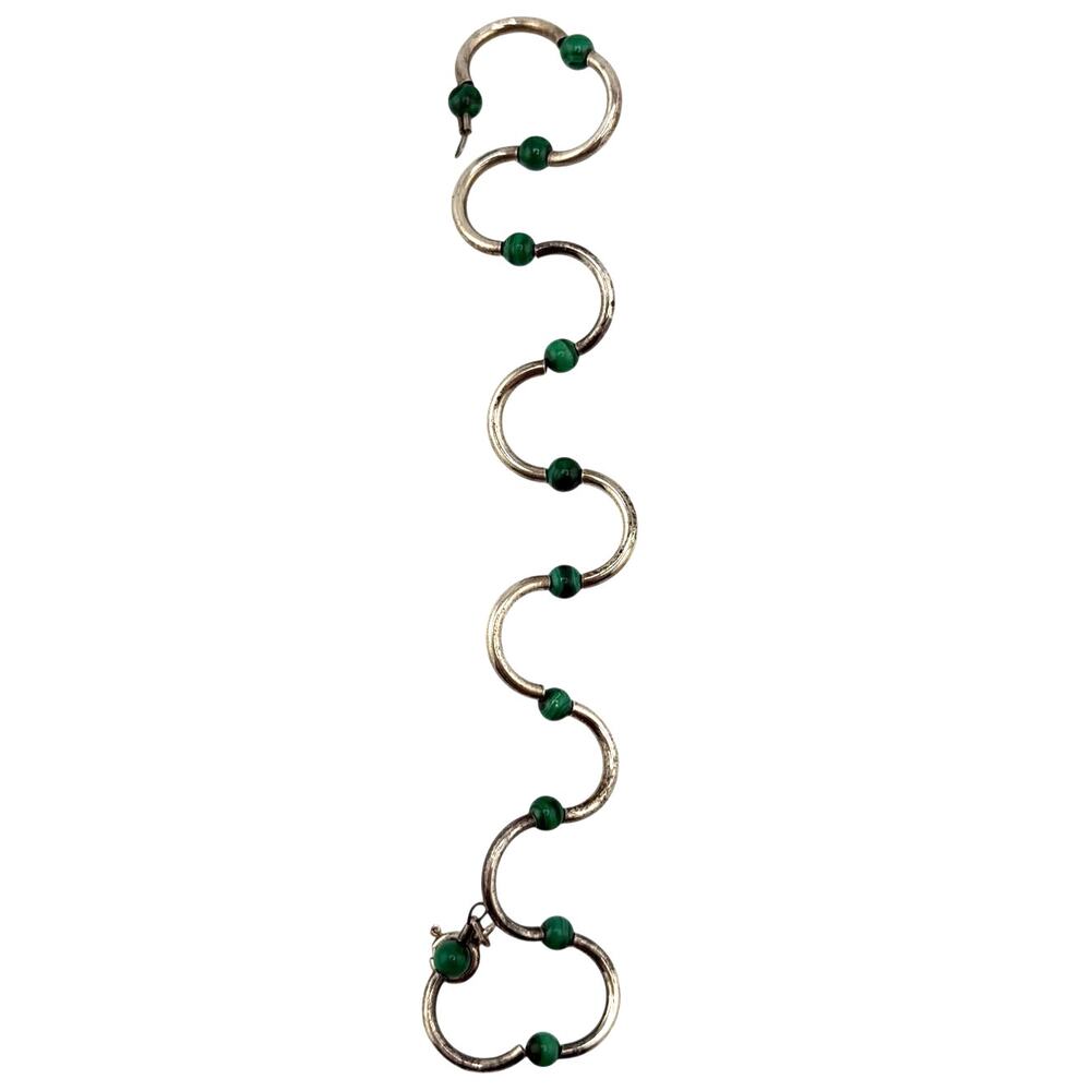 Vintage Silver Plated Malachite Green Serpentine Bracelet